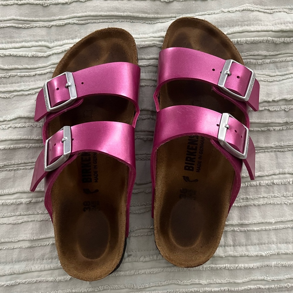 Hot pink metallic Birkenstock sandals